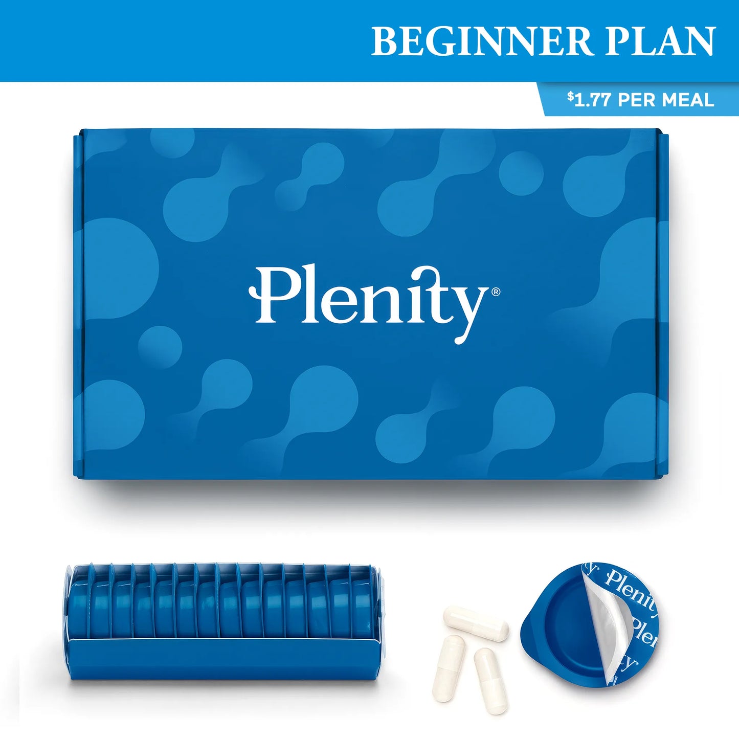 Plenity product set with packaging, containers, and packaging on a white background