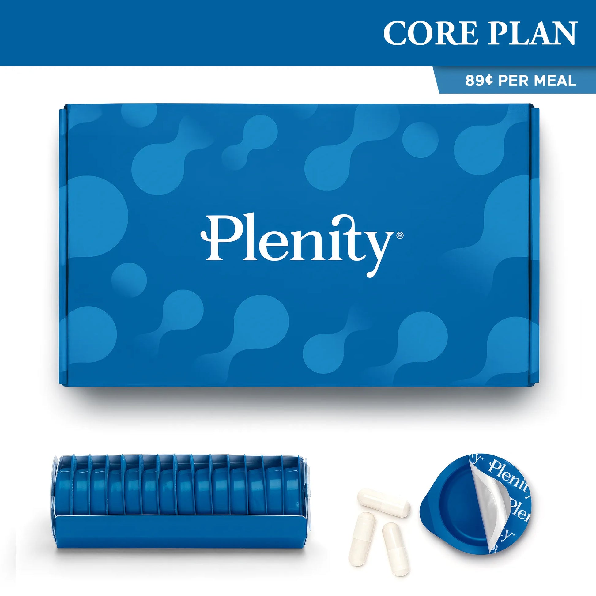 Plenity product set including a blue box, container, and capsules on a white background.