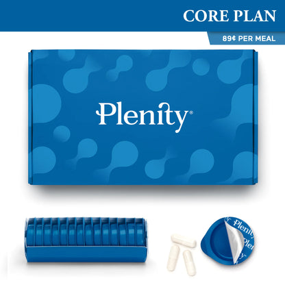 Plenity product set including a blue box, container, and capsules on a white background.