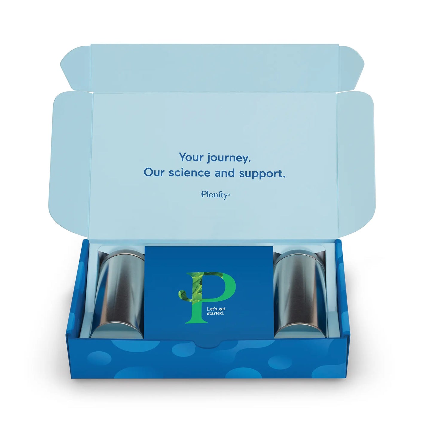 Open Plenity box showing organized blue pods and white capsules for daily weight management.