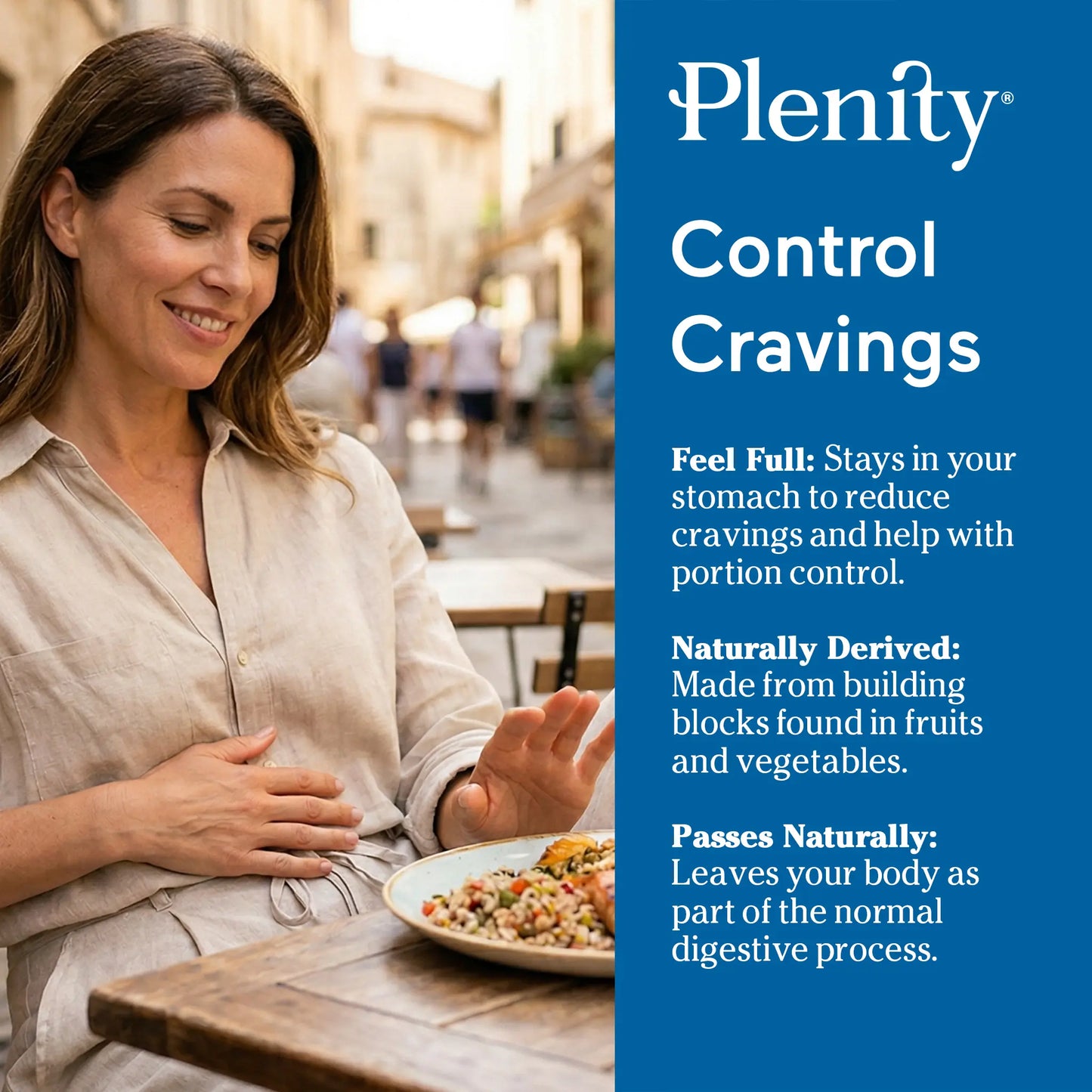 Woman sitting at a table with a plate of food, Plenify control cravings advertisement on the side.