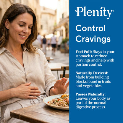 Woman sitting at a table with a plate of food, Plenify control cravings advertisement on the side.