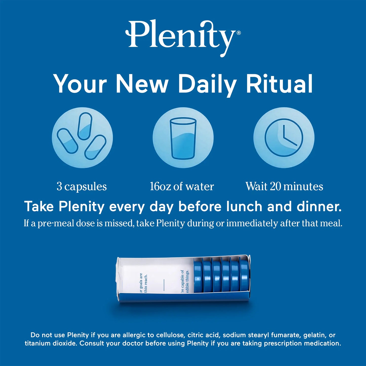 Plenity instructions infographic: Take 3 capsules with 16oz of water 20 minutes before lunch and dinner.