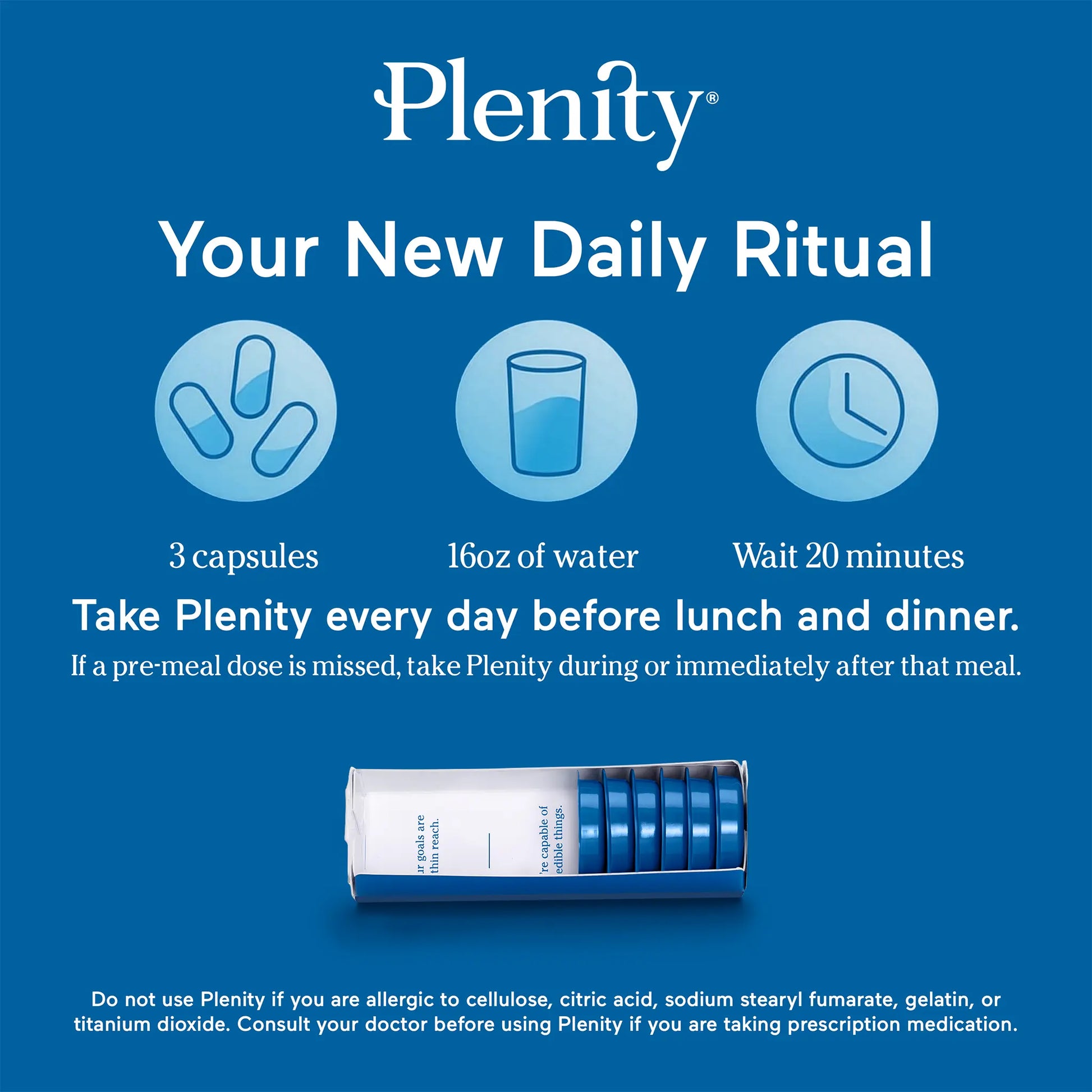 Plenity instructions infographic: Take 3 capsules with 16oz of water 20 minutes before lunch and dinner.