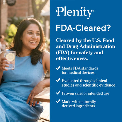 Smiling woman with water glass and text confirming Plenity is FDA-cleared for safety and effectiveness.