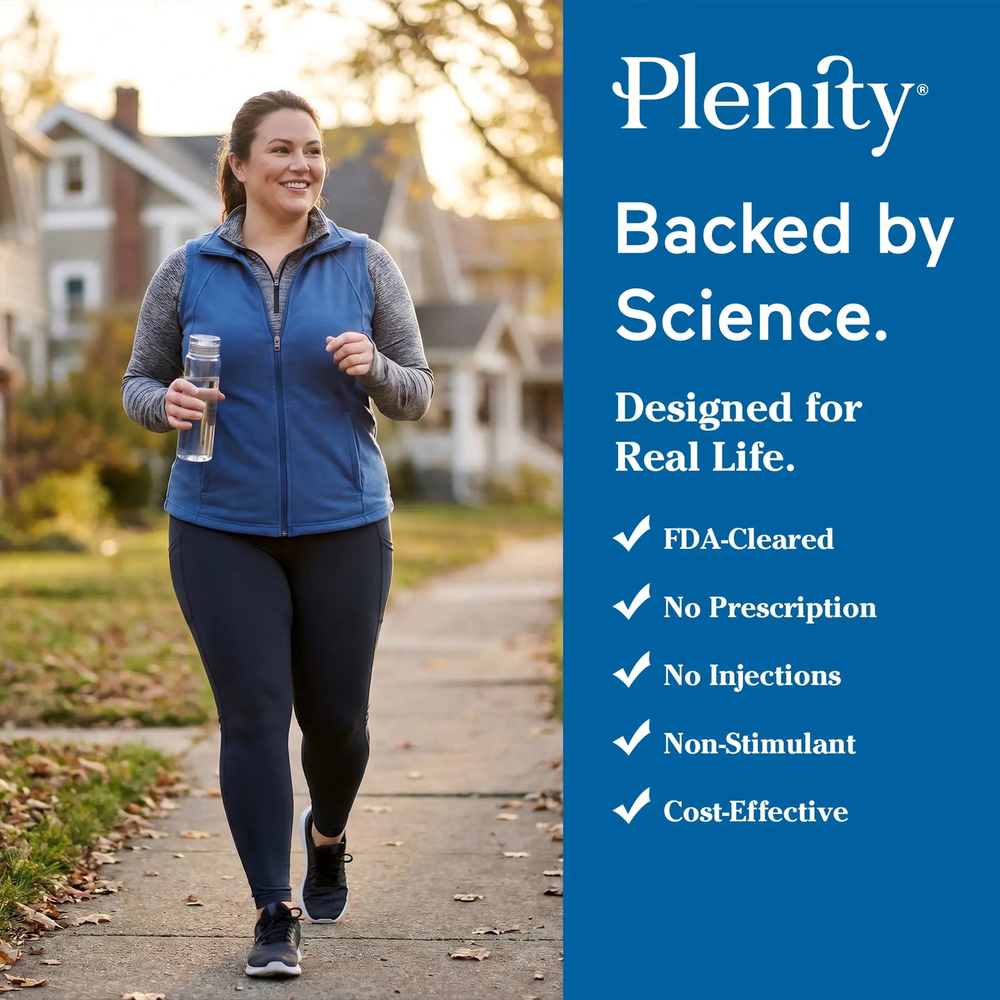 Science-backed weight loss checklist for Plenity highlighting non-stimulant, no injections, and cost-effective benefits.