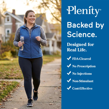 Science-backed weight loss checklist for Plenity highlighting non-stimulant, no injections, and cost-effective benefits.