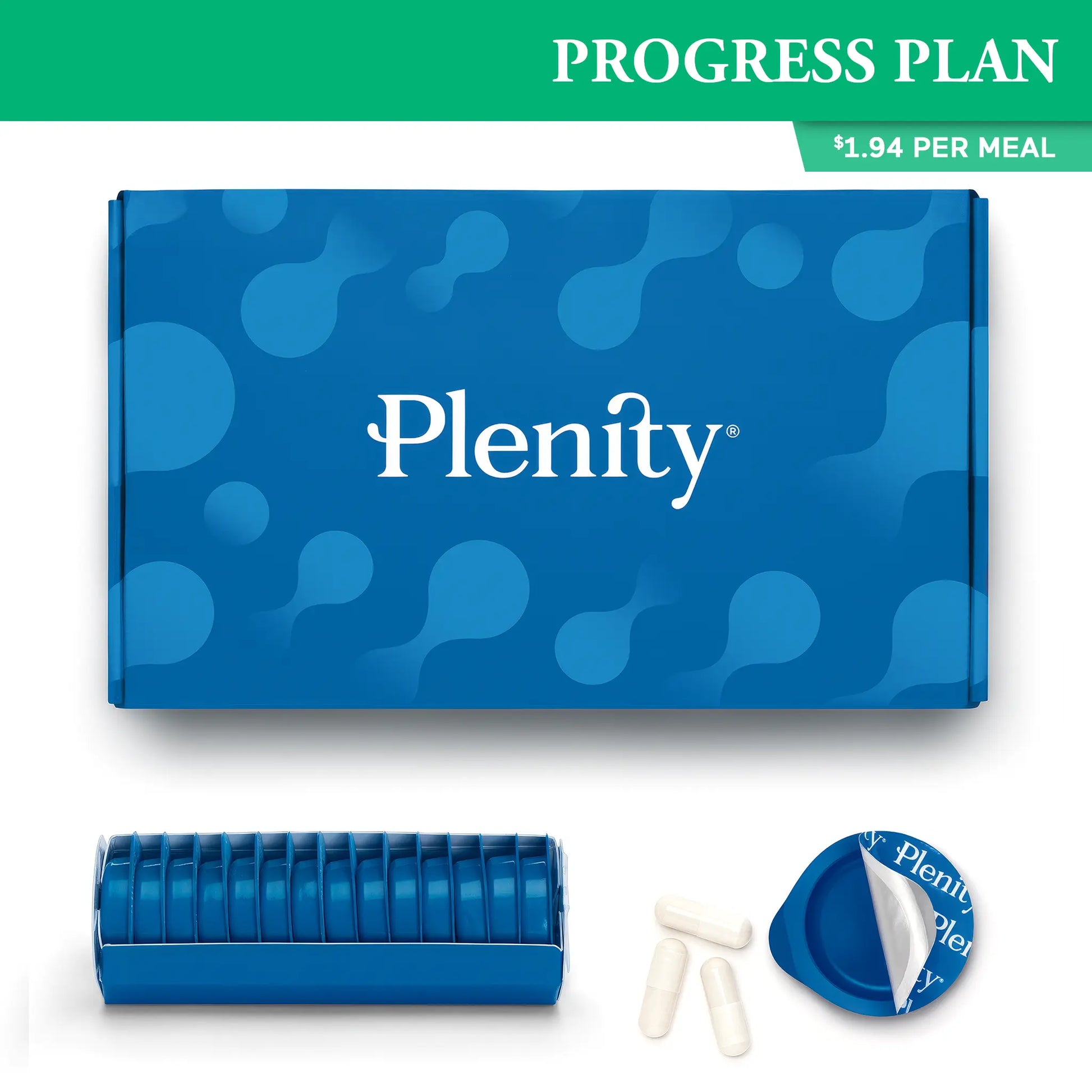 Front view of Plenity weight loss device blue box packaging on a white background. Progress Plan