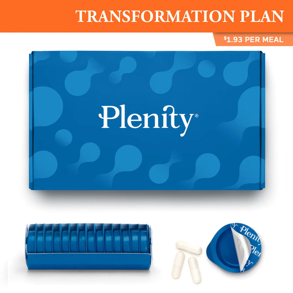 Plenity product set with packaging, container, and capsules on a white background